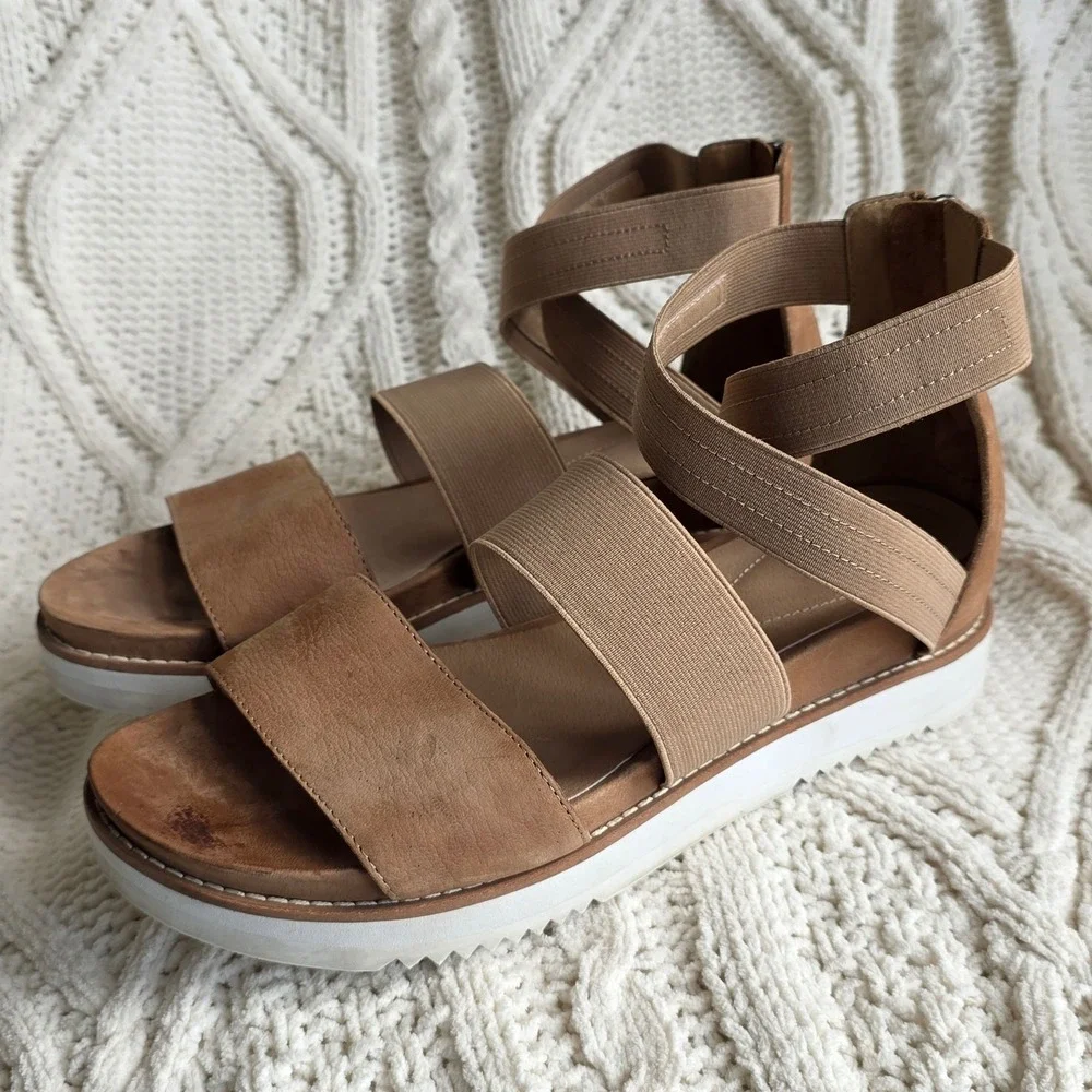 Eileen Fisher Platform Sandals Tan Leather‎ Stretchy Strappy Women's Size 10